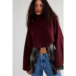 Free People Billie Mock Neck Sweater Wine Red Maroon